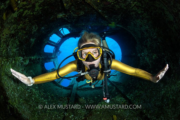 Diver In Funnel, Cayman Islands