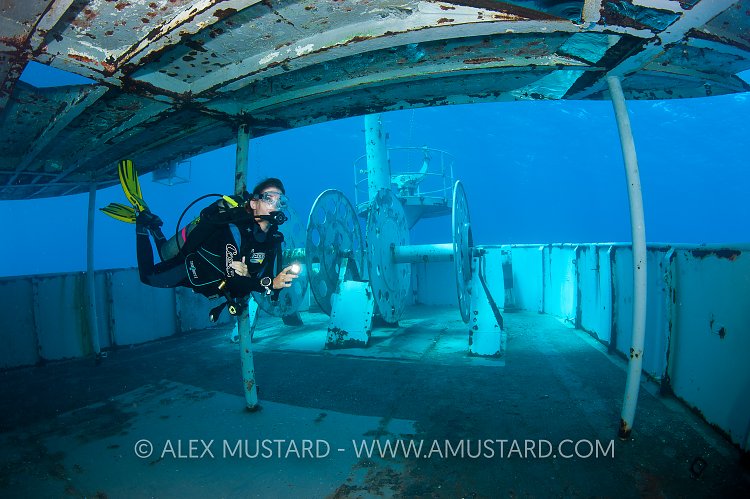 Diver explores USS Kittiwake wreck. Cayman Islands