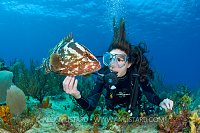 Nassau grouper and diver. Little Cayman.