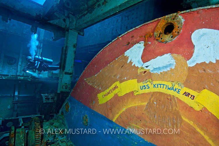 Diver In Engine Room. Kittiwake, Cayman Islands.