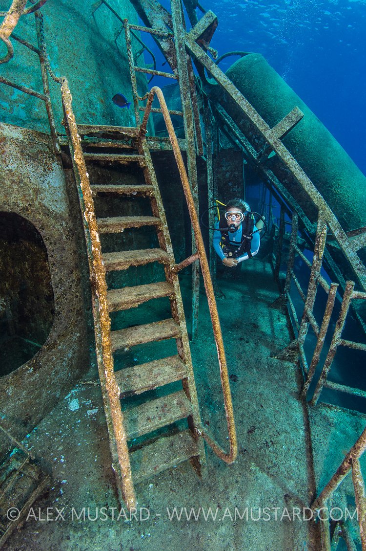 Diver Explores Wreck. Cayman Islands