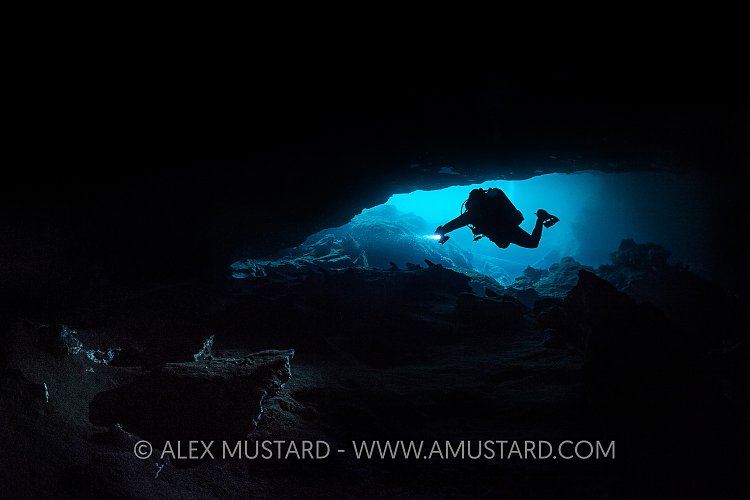 Diver In Cavern. Mexico