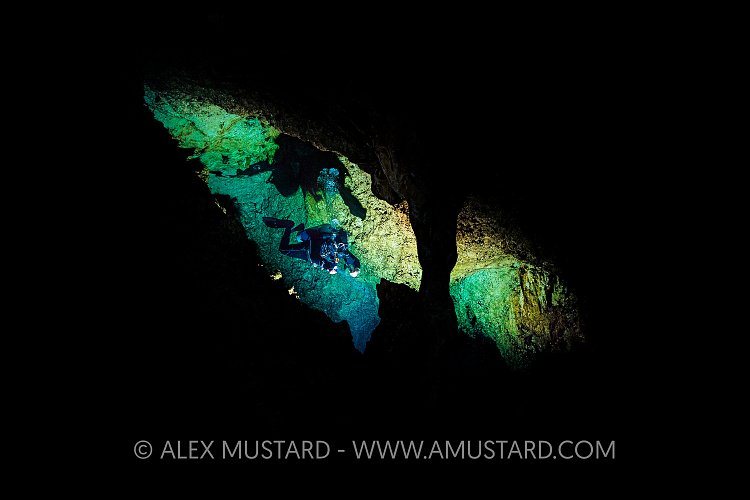 Diver In Cavern. Mexico