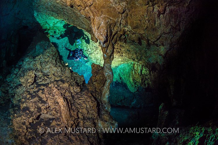 Diver In Cavern. Mexico