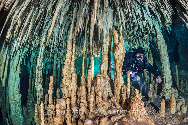 Diver With Cave Formations. Mexico