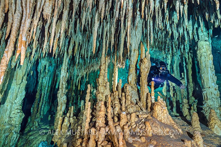 Diver With Cave Formations. Mexico
