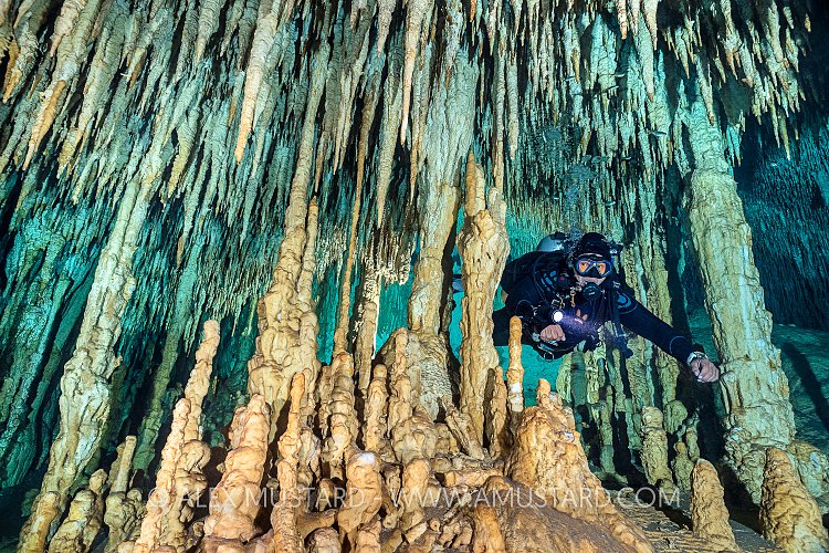 Diver With Cave Formations. Mexico