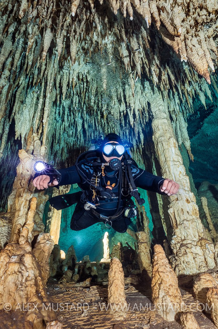 Diver With Cave Formations. Mexico