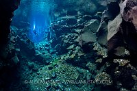 A diver in Nikulasargja canyon. Iceland