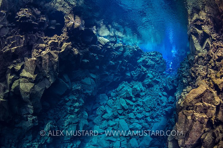 A diver in Silfra Canyon. Iceland