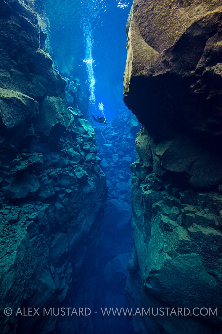 A diver in Silfra Canyon. Iceland