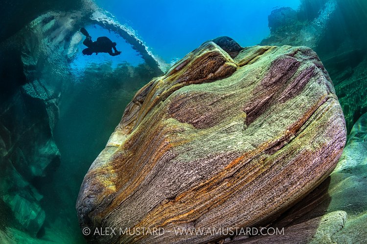Diver In River Verzasca, Switzerland