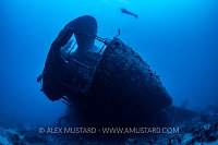 A diver (Jennie Lawson) explores the stern of the Second World War wreck of the Thistlegorm in Sha'ab Ali, Sinai, Egypt. Red Sea.