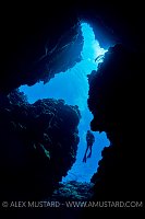 DIver Silhouette Through Cavern. Cayman Islands