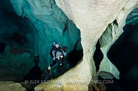 A diver (Eleonora Manca) looks at columns inside the Cave Of Ghosts, Punta Giglio, Alghero, Sardinia, Italy. Mediterranean Sea.