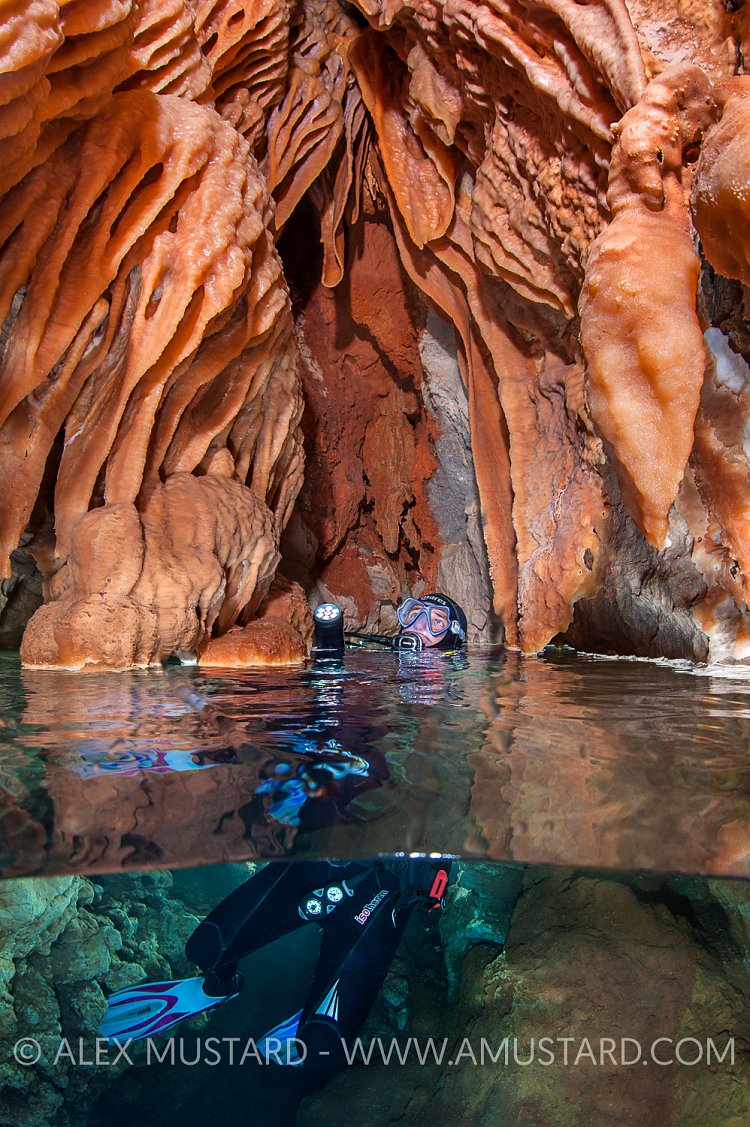 Speleotherms And Diver. Sardinia, Italy