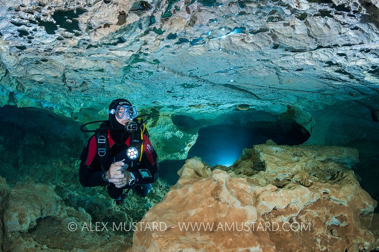Diver In Ghost Cave. Sardinia, Italy