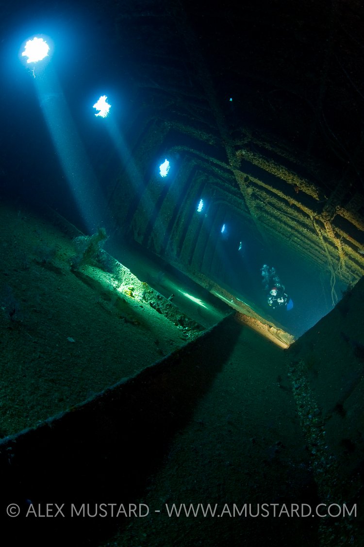 Diver inside Giannis D Wreck. Red Sea.